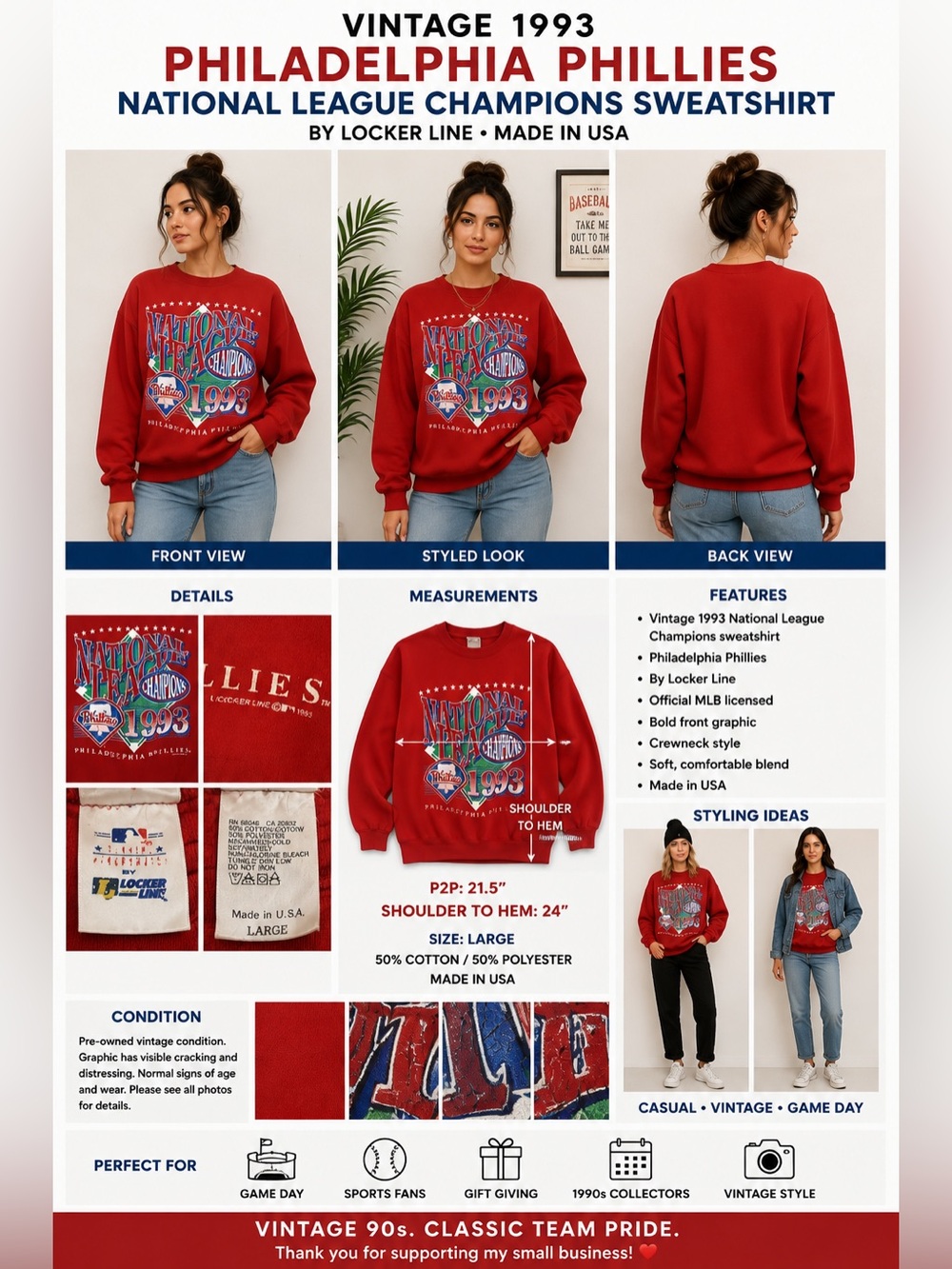 Vintage 1993 Philadelphia Phillies National League Champions Sweatshirt MLB L US